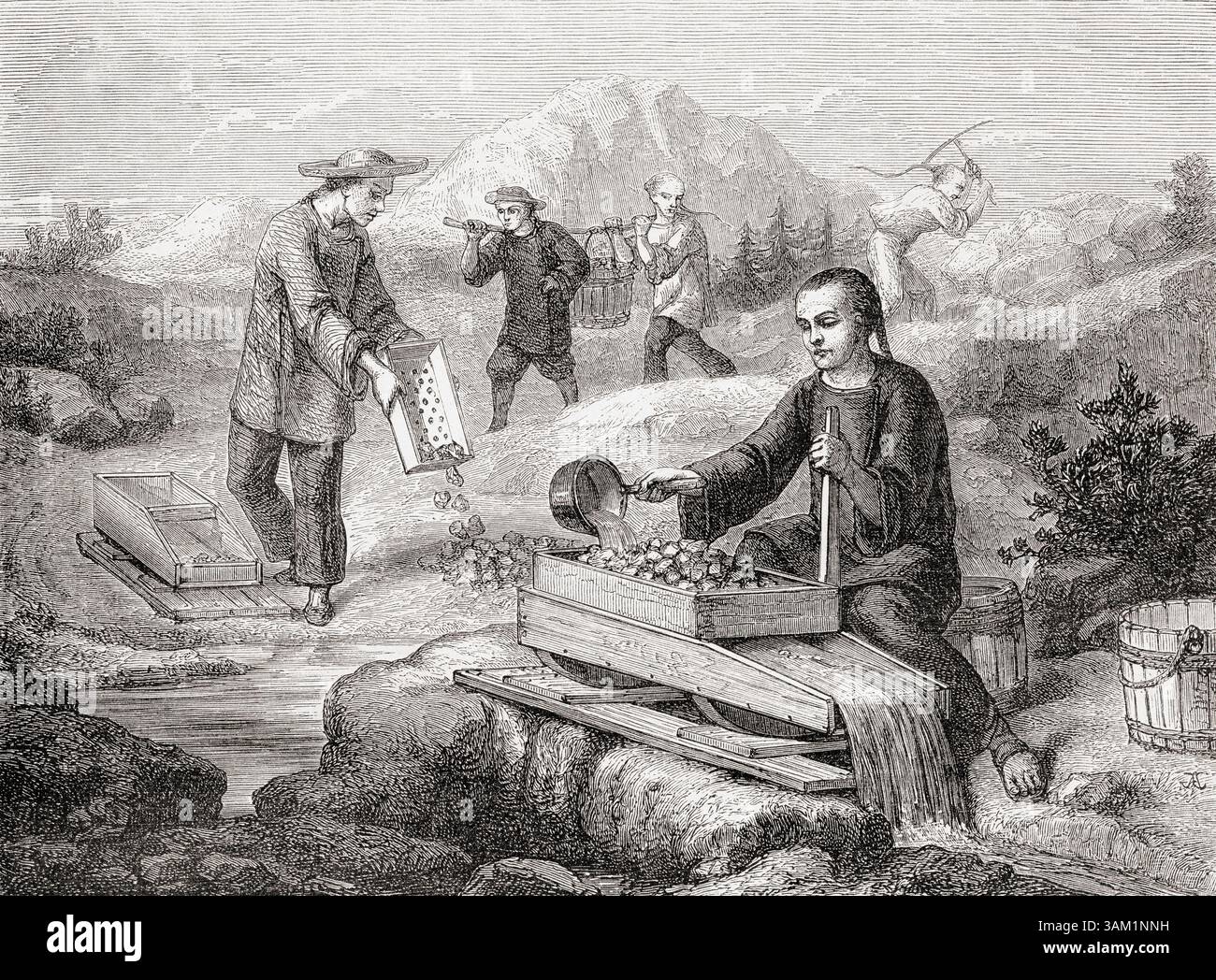 I minatori cinesi lavano e separano l'oro alluvionale dalla sabbia utilizzando un rocker box noto anche come culla o grande scatola, 1859. Da Voyage en Californie o Voyage to California di L. Simonin, 1859. Apparso in le Tour du Monde, pubblicato nel 1862. Foto Stock