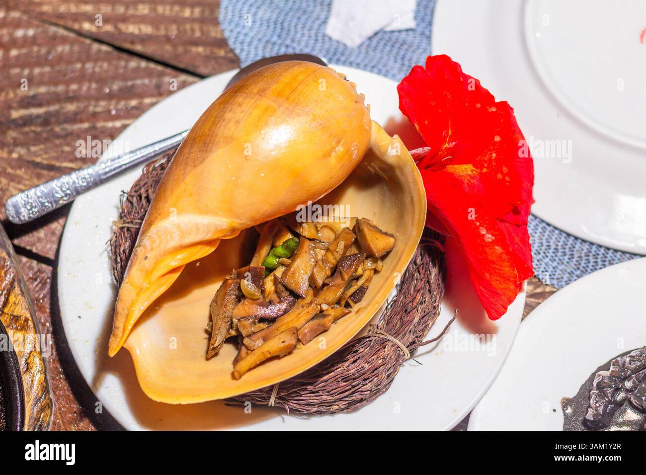 Una grande conchiglia di salvataggio di volute serve come prelibatezza locale di conchiglie a Iloilo, Filippine, che propone cucina costiera tradizionale e pesce unico di Foto Stock