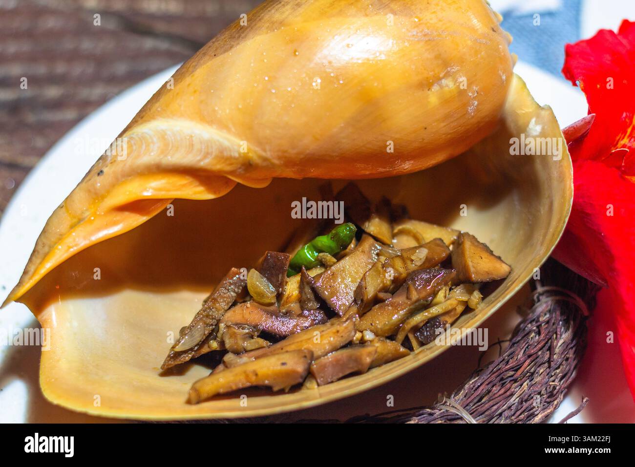 Una grande conchiglia di salvataggio di volute serve come prelibatezza locale di conchiglie a Iloilo, Filippine, che propone cucina costiera tradizionale e pesce unico di Foto Stock