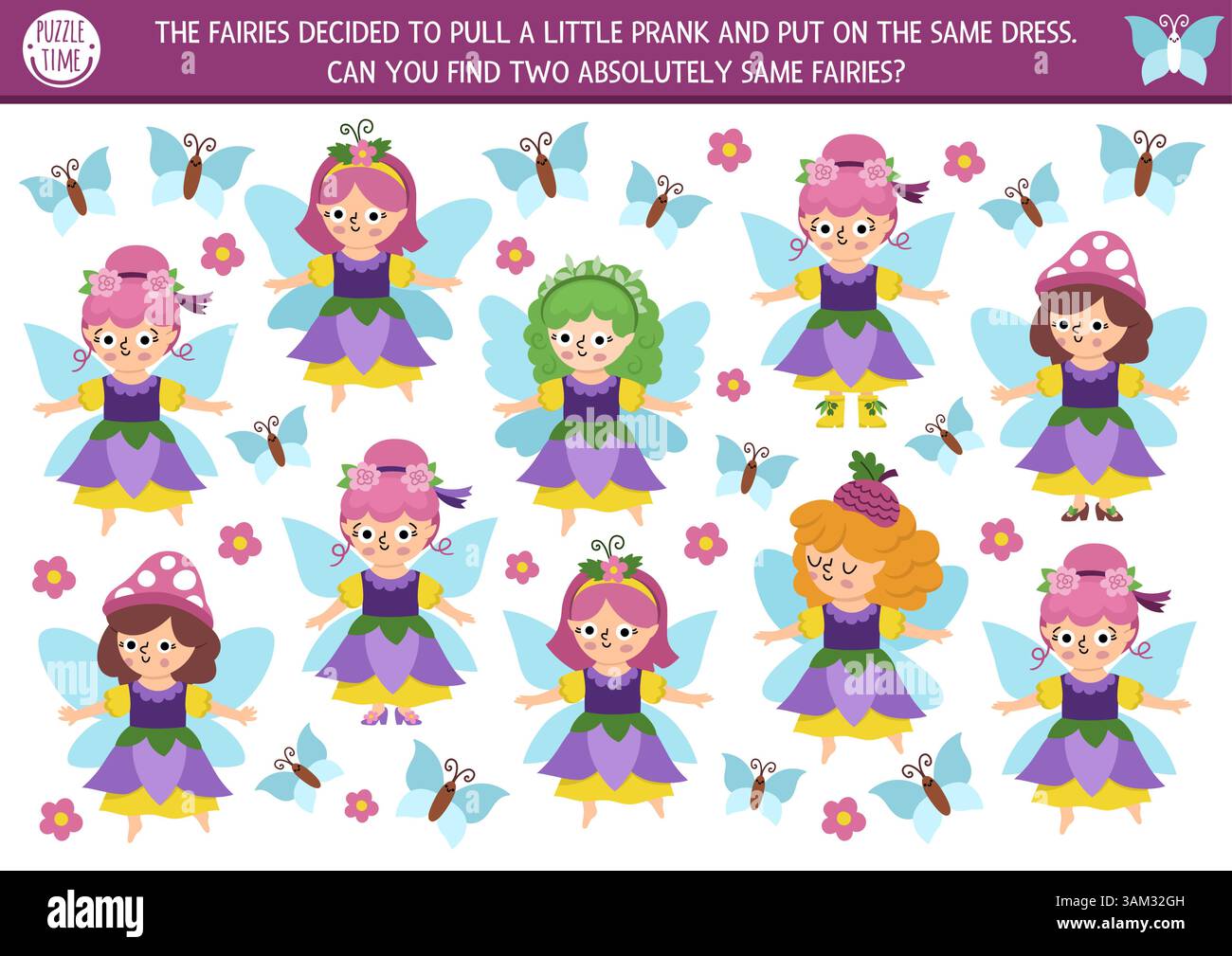 Trovate due fate uguali. Attività di abbinamento Fairyland per bambini. Foglio di lavoro del quiz didattico sul giardino magico o sulla foresta per i bambini per le loro capacità di attenzione. Simp Illustrazione Vettoriale