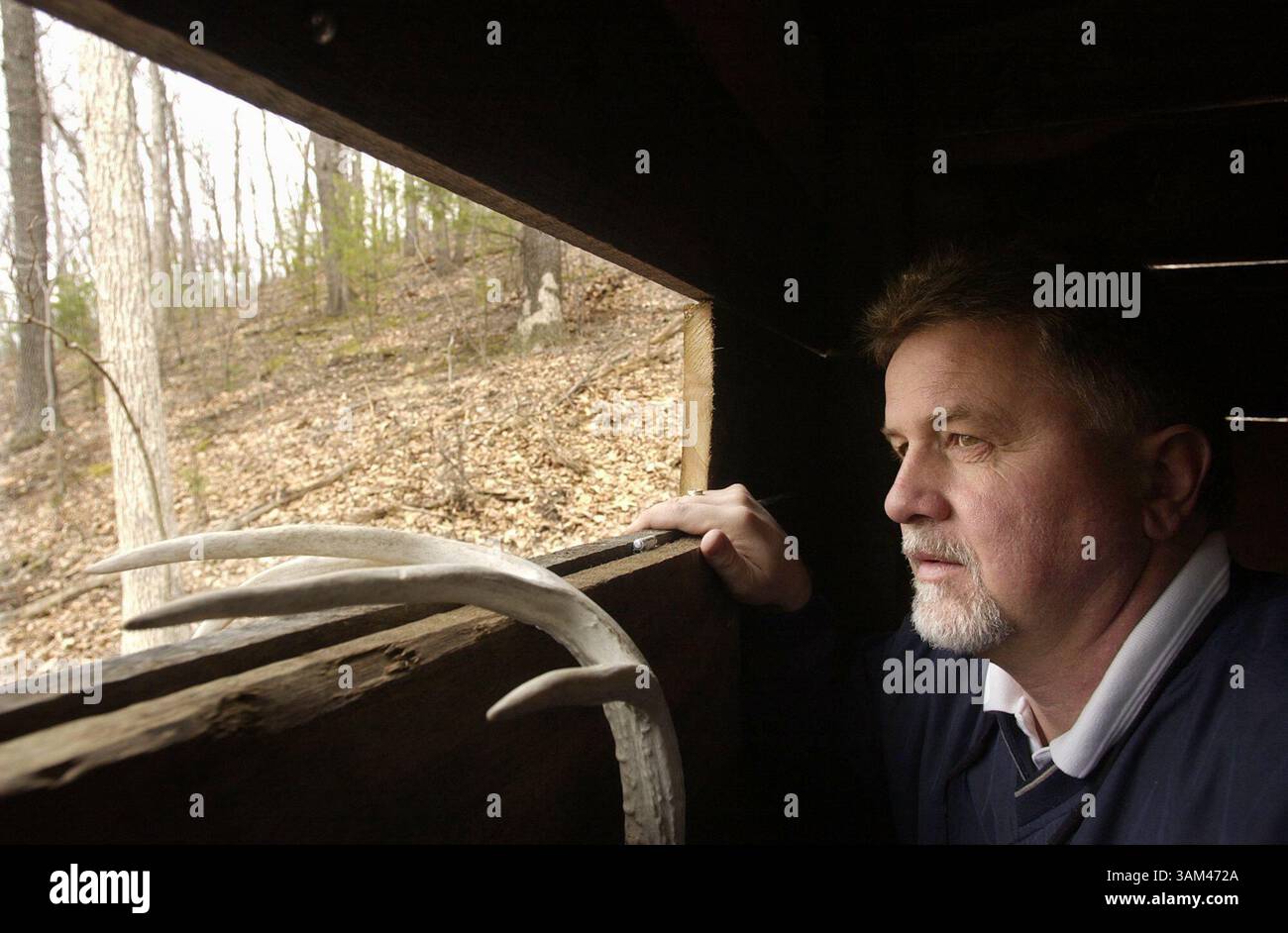 24 marzo 2004 - Stati Uniti - KRT SPORTS STORY SLUGGED: ENV-OTD-DEERHUNTERS KRT FOTOGRAFIA DI DAN Z. JOHNSON/PHILADELPHIA INQUIRER (7 aprile) Dave Griffith, co-proprietario del White Tail Ridge Game Ranch a Huntington, Pennsylvania, coordina da uno dei buchi della fattoria. Lui picchiava i palchi per attirare i cervi. (mvw) 2004. (Immagine di credito: © Dan Z. Johnson/mct/ZUMAPRESS.com) Foto Stock
