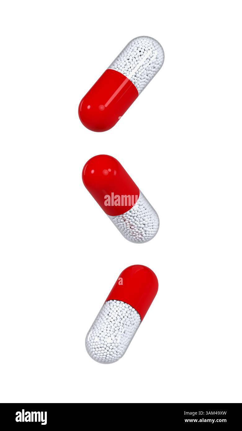 Capsule rosse piene di piccole sfere contenenti piante medicinali - sfondo bianco - rendering 3D. Foto Stock