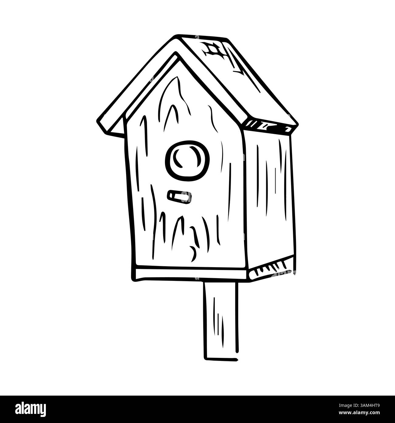 Illustrazione vettoriale di una casa per uccelli, una casa per uccelli in legno, disegno di contorni in stile doodle. Per libri per bambini, loghi ed elementi di design per i libri primaverili Illustrazione Vettoriale