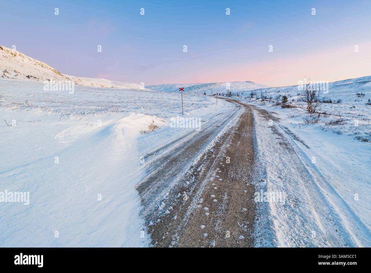 Una strada di ghiaia ricoperta di neve attraversa un tranquillo paesaggio invernale in Svezia. Il crepuscolo proietta sfumature morbide nel cielo mentre le coperte di neve lo illuminano Foto Stock