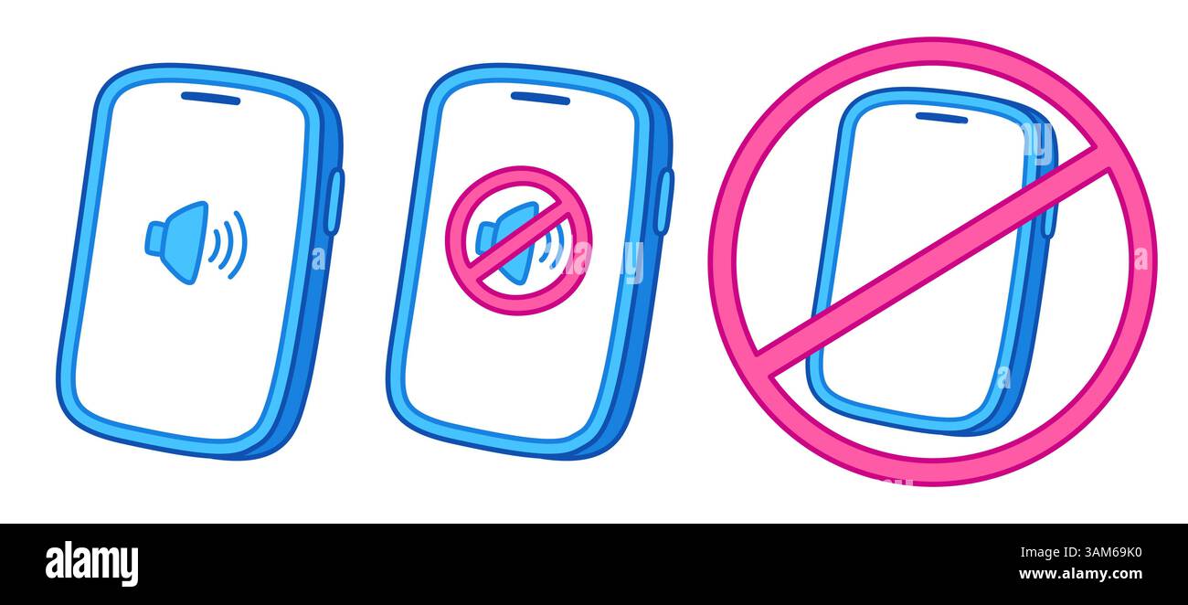 Volume audio smartphone, modalità silenziosa e segnale di avviso per spegnere il telefono. Simbolo di silenzio e divieto telefonico. Illustrazione vettoriale in stile fumetto. Illustrazione Vettoriale