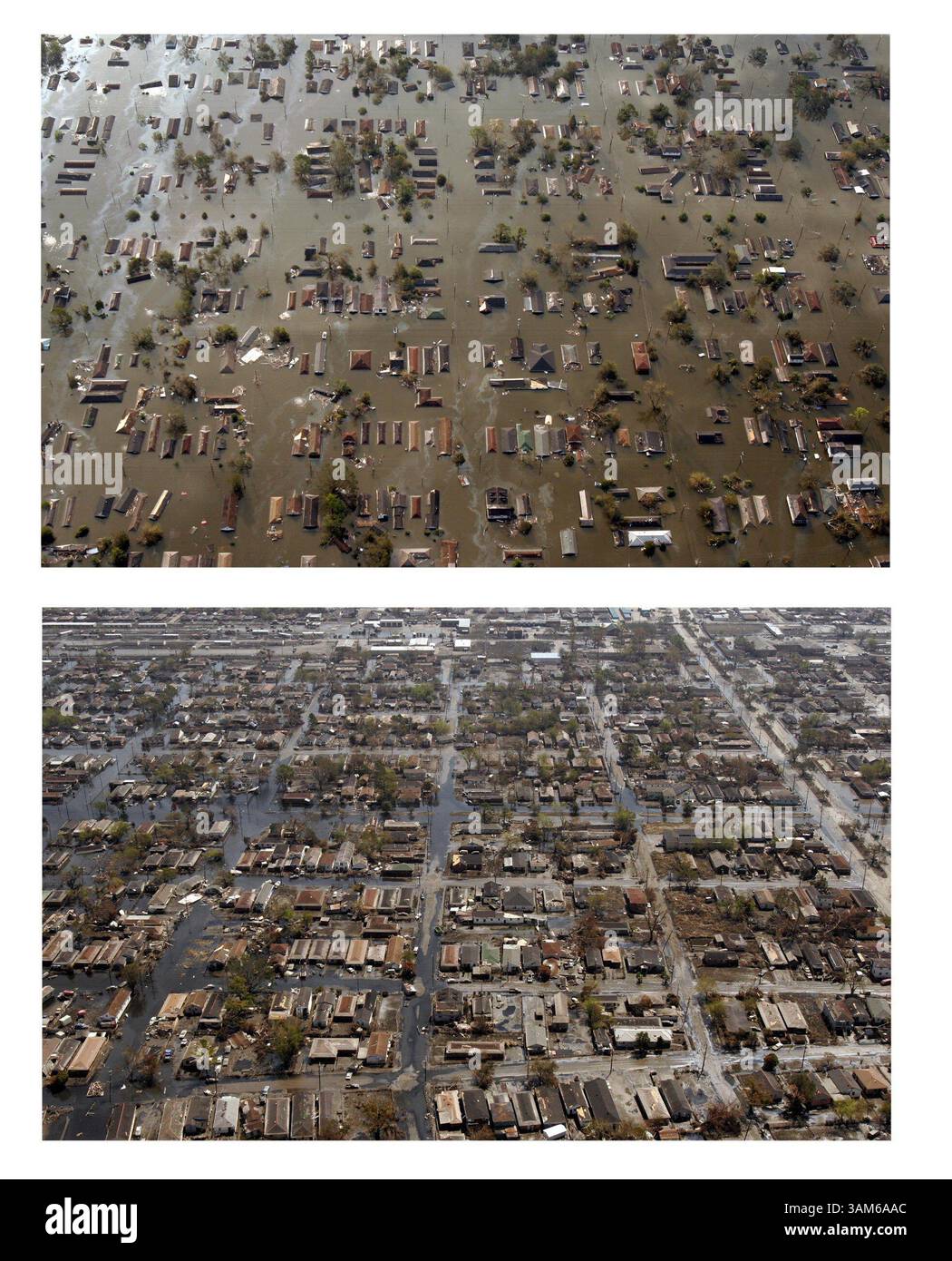 10 settembre 2005 - Stati Uniti - NIENTE MAGS, NIENTE VENDITE -- NOTIZIA KRT USA BLOCCATA: WEA-KATRINA KRT FOTOGRAFIA DI SMILEY N. POOL/DALLAS MORNING NEWS (11 settembre) in alto è una vista dei danni appena a est del centro di New Orleans martedì mattina, 30 agosto 2005. In fondo, la stessa scena delle acque alluvionali si ritira domenica 11 settembre 2005. Queste due foto mostrano i cambiamenti a New Orleans nelle due settimane successive all'uragano Katrina. (Mvw) 2005 (immagine di credito: © Smiley N. Pool/mct/ZUMAPRESS.com) Foto Stock