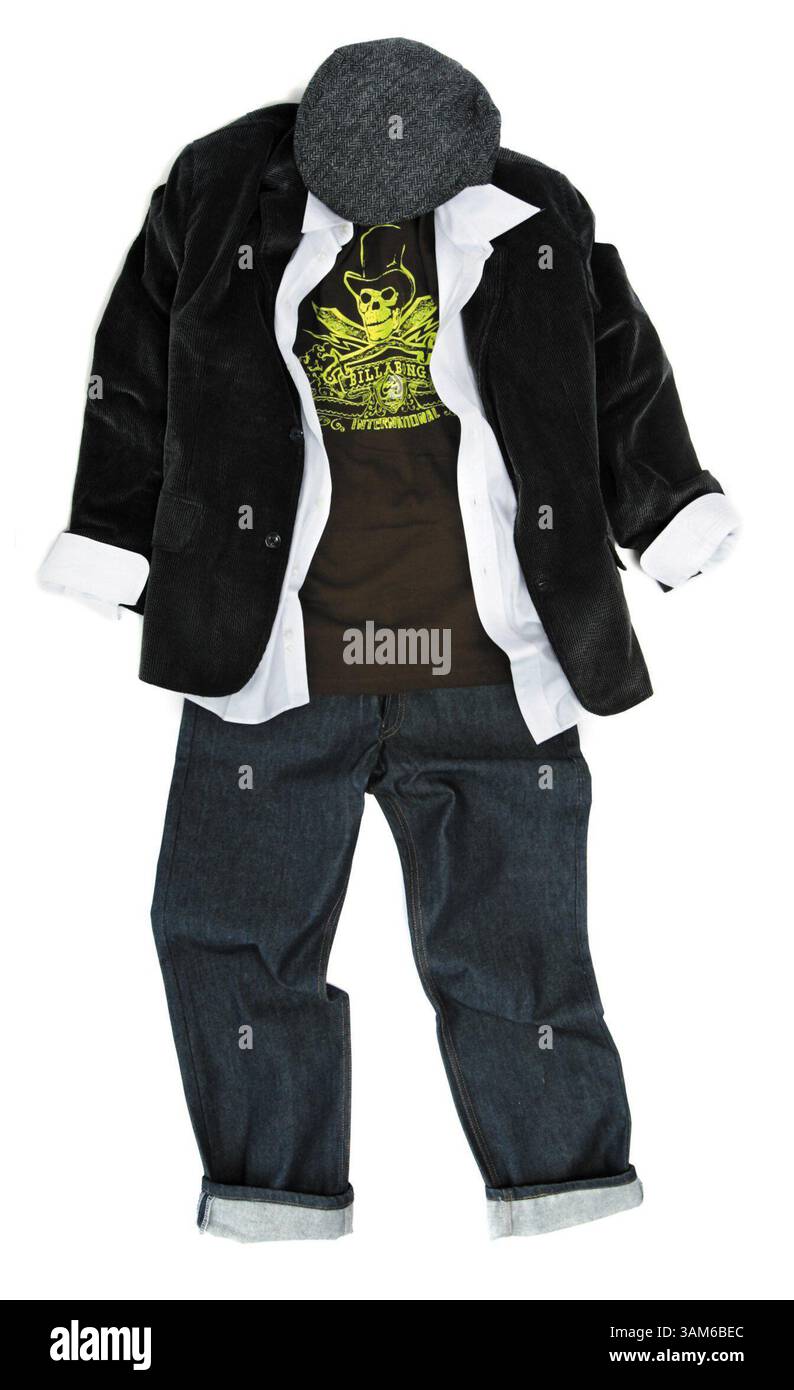 10 settembre 2005 - Stati Uniti - KRT FASHION STORY SLUGGED: FASH-MENSFASHIONS KRT FOTO DI JOE JOHNSTON/SAN LUIS OBISPO TELEGRAM-TRIBUNE (21 settembre) Un cappotto sportivo in velluto lucida qualsiasi outfit, anche quando viene gettato sopra una T-shirt e un jeans serigrafati. (gsb) 2005 (immagine di credito: © Joe Johnston/mct/ZUMAPRESS.com) Foto Stock