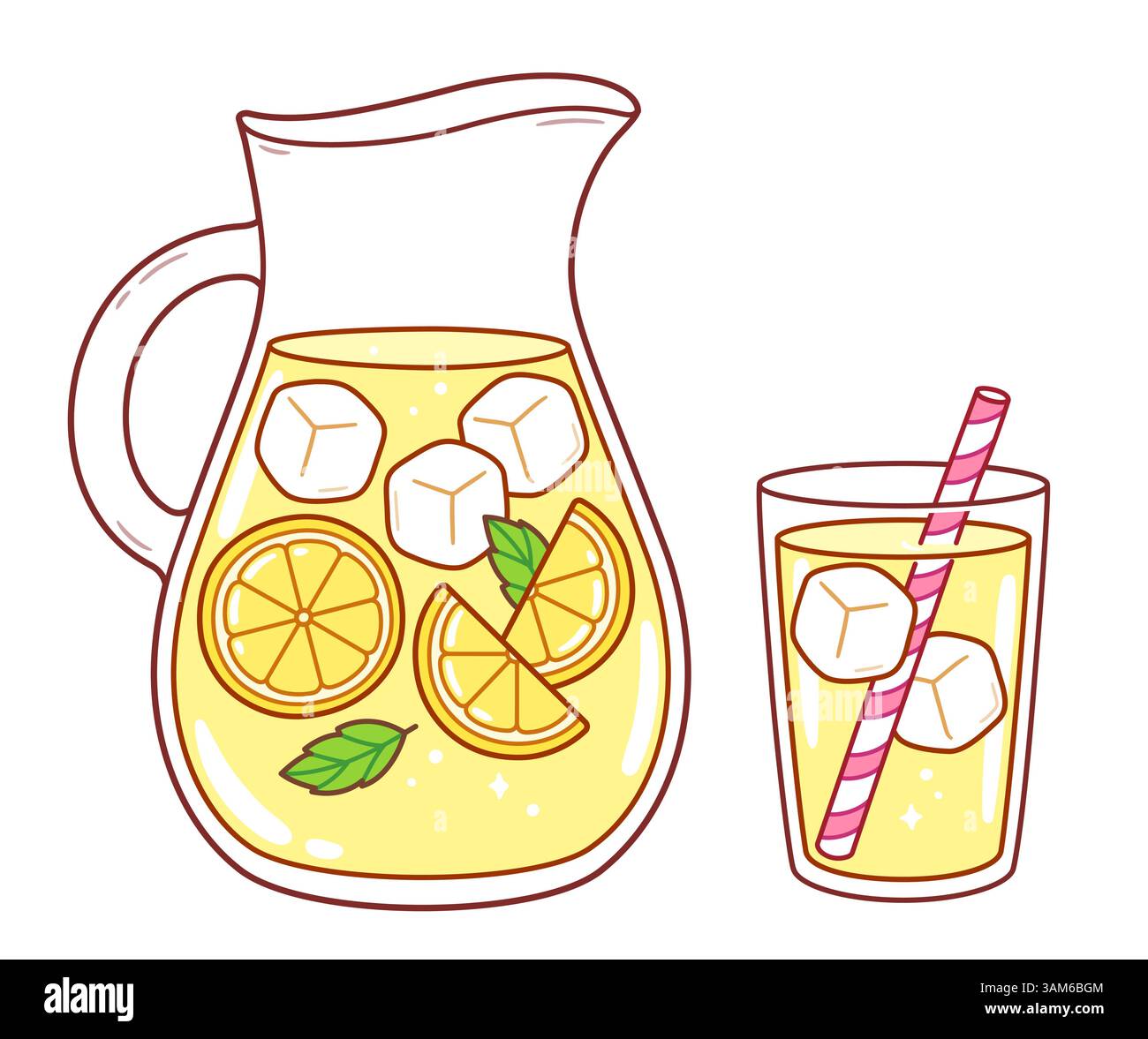 Caraffa di limonata e bicchiere da bere con limoni e cubetti di ghiaccio. Simpatico disegno a clip vettoriale dei cartoni animati, disegno stile doodle. Illustrazione Vettoriale