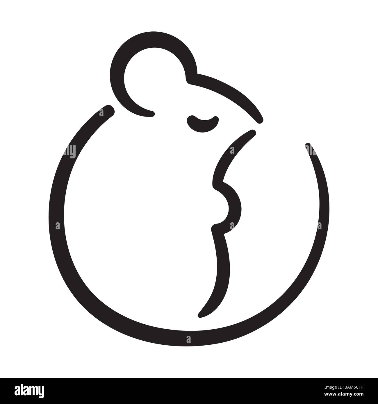 Disegno calligrafico semplice e carino di un topo o di un topo, disegnato a mano con un pennello. Logo circolare in stile giapponese minimal stilizzato. Illustr. Vettoriale isolato Illustrazione Vettoriale