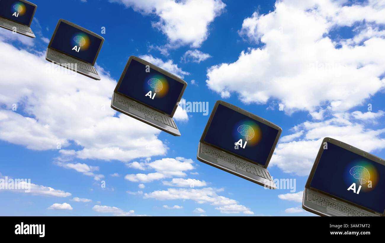 Computer portatili AI che volano nel cielo, Concept Cloudcomputing Foto Stock