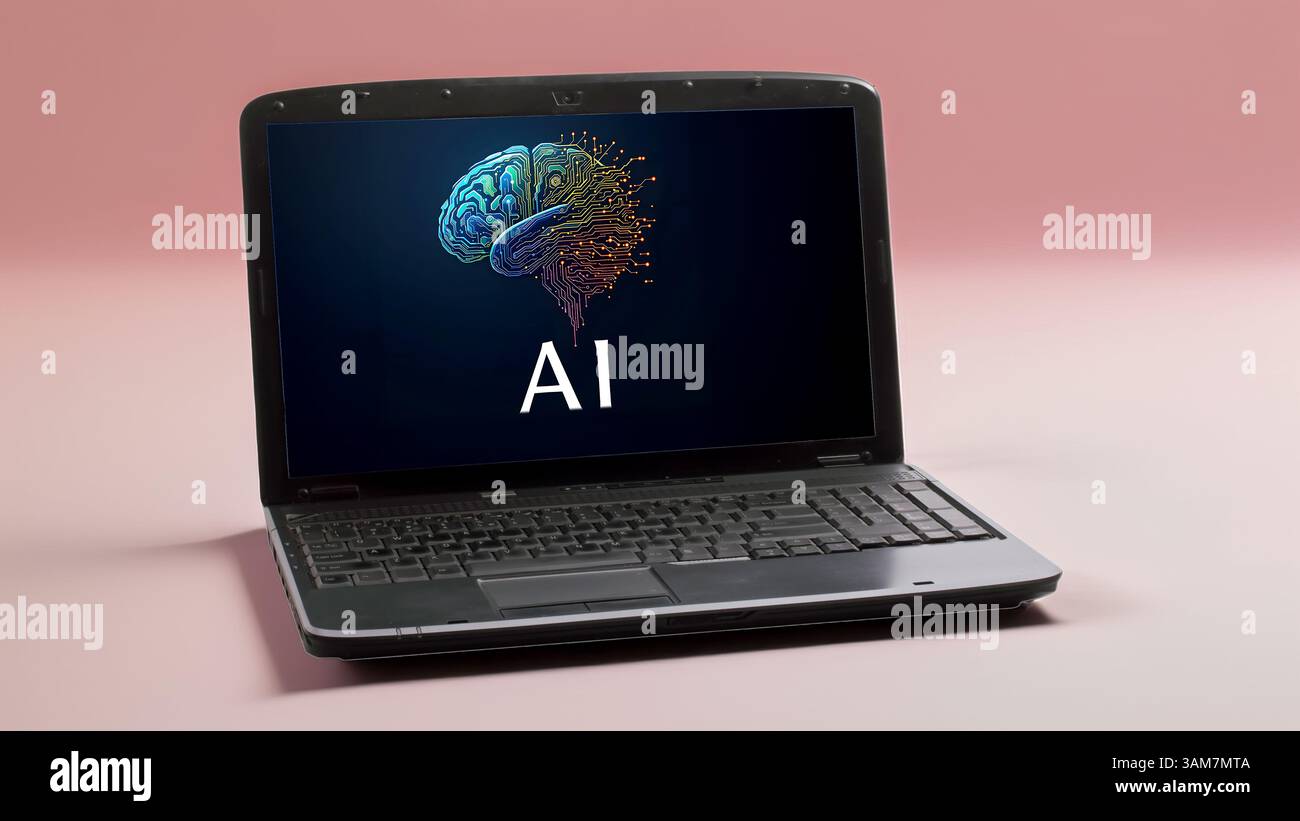 Notebook AI con logo Brain, concept Foto Stock