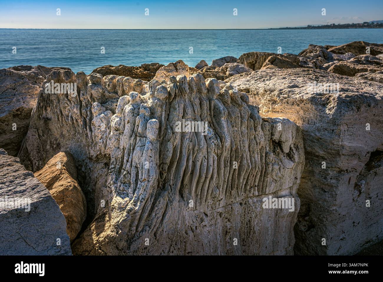 Opere d'arte, scolpite nelle rocce delle frangiflutti del porto. Parte del MAM - Museo d'Arte sul Mare, un museo all'aperto a San Benedetto del Tronto. Foto Stock