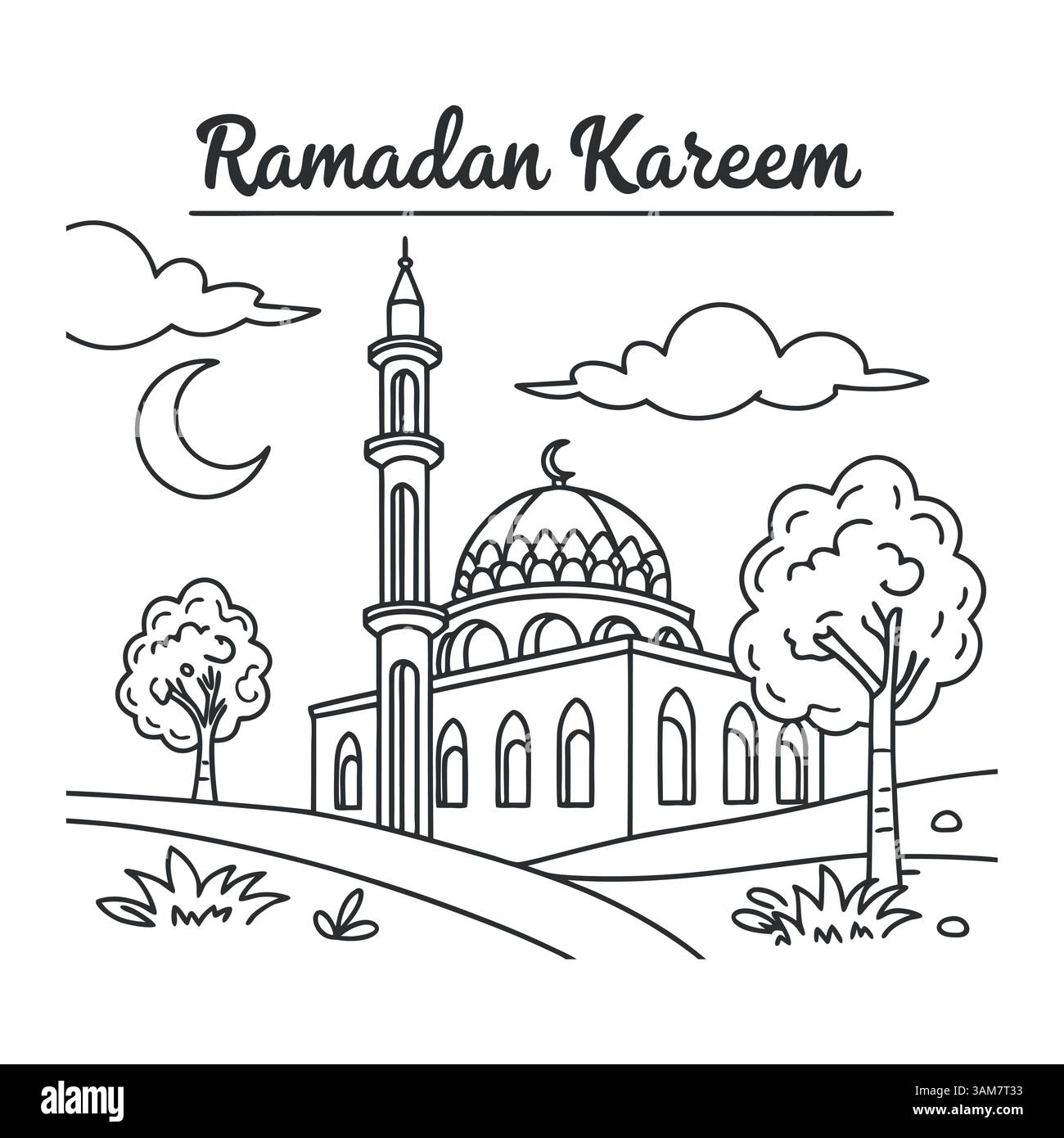 Disegno in linea della Moschea con Luna Mezzaluna e alberi in bianco e nero | pagina di colorazione islamica Illustrazione Vettoriale