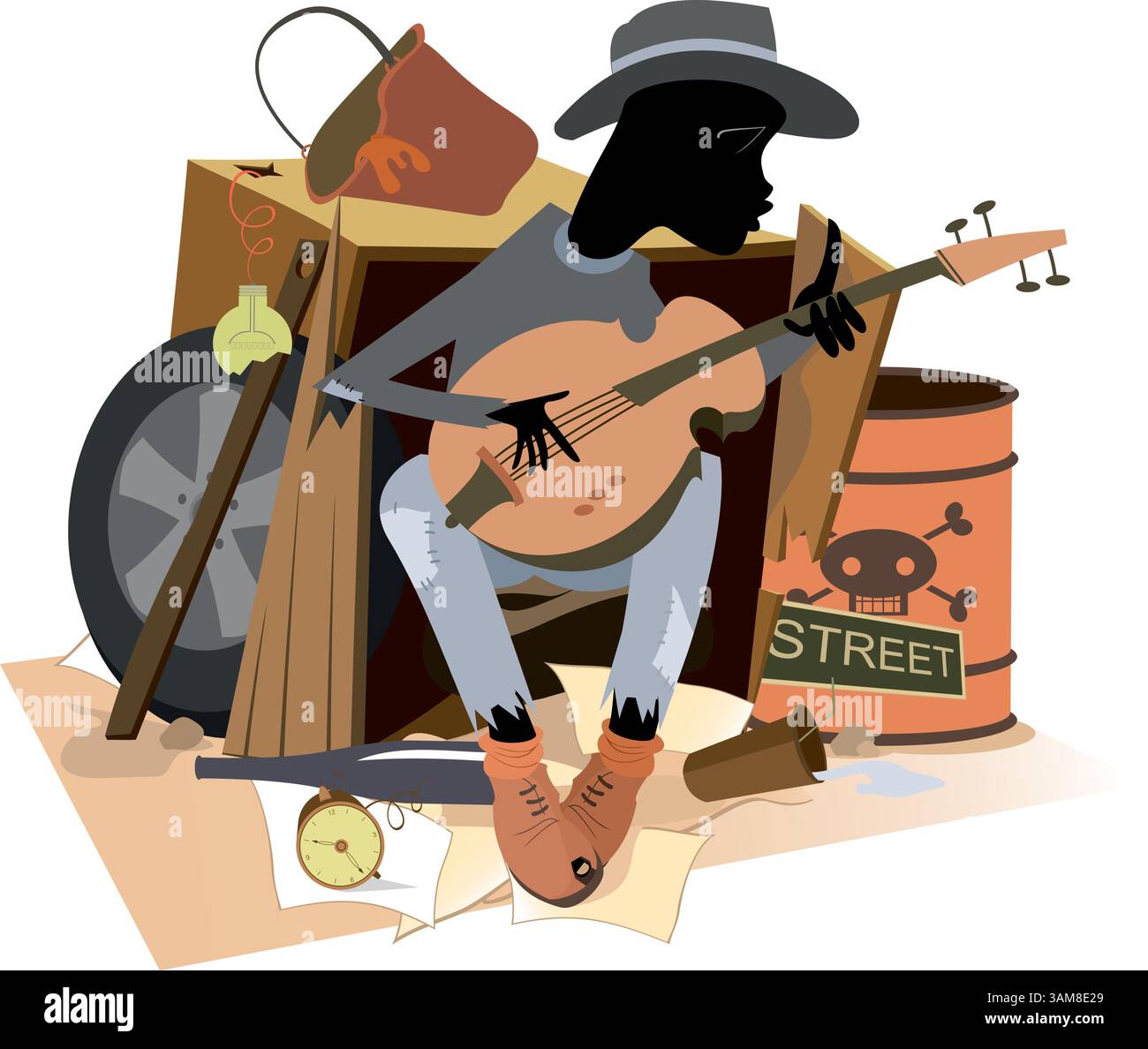 I senzatetto affamati e ghiacciati suona la chitarra. Il triste mendicante africano con la chitarra si siede sulla discarica e canta Illustrazione Vettoriale