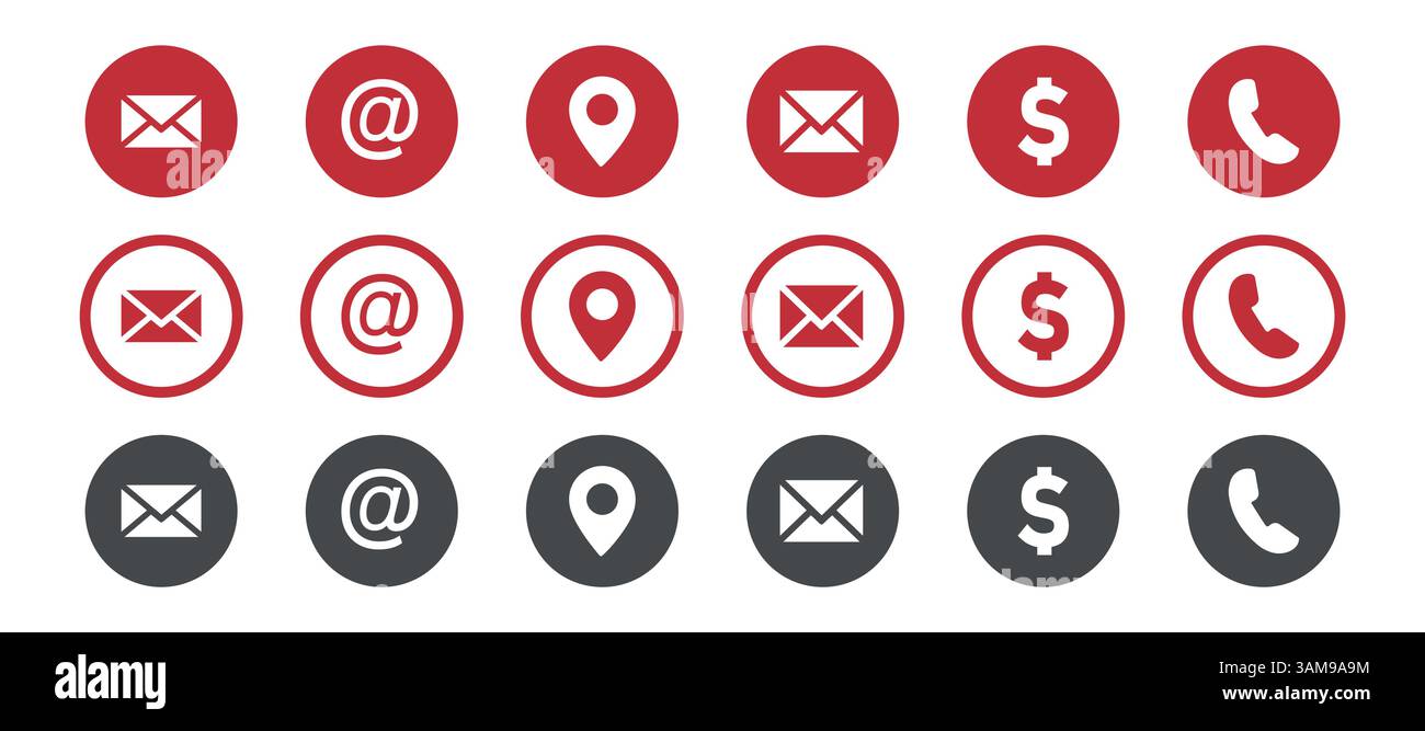 Icone delle informazioni di contatto, vettore per biglietti da visita e sito Web. Set di icone biglietto da visita, icona delle informazioni di contatto, illustrazione vettore. Illustrazione Vettoriale