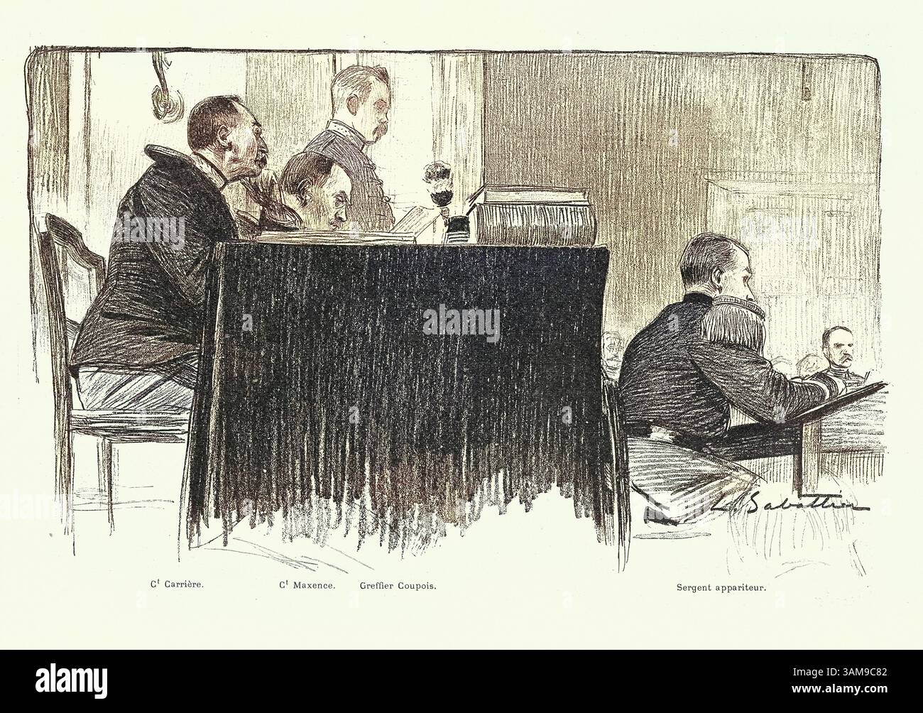 L'affare Dreyfus, sketch della sala di Corte durante il processo a Rennes 1899, l'affare Dreyfus fu uno scandalo politico che divise la terza Repubblica francese dal 1894 fino alla sua risoluzione nel 1906. Foto Stock