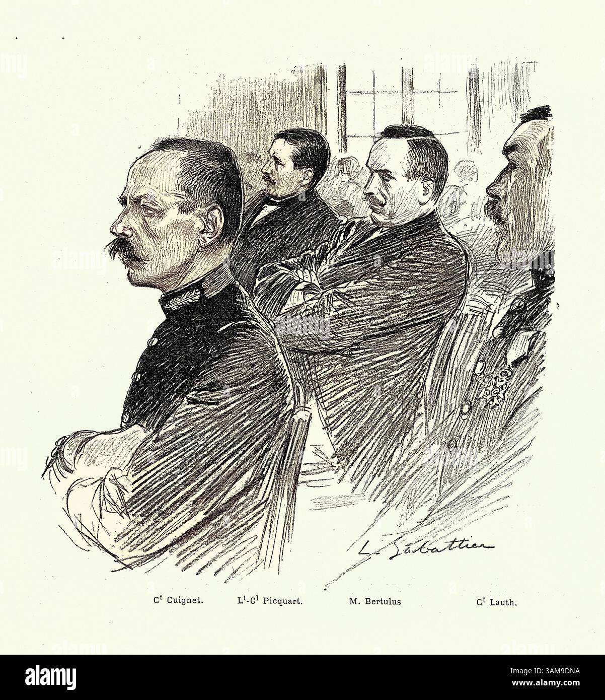 L'affare Dreyfus, sketch della sala di Corte durante il processo a Rennes 1899, l'affare Dreyfus fu uno scandalo politico che divise la terza Repubblica francese dal 1894 fino alla sua risoluzione nel 1906. Foto Stock