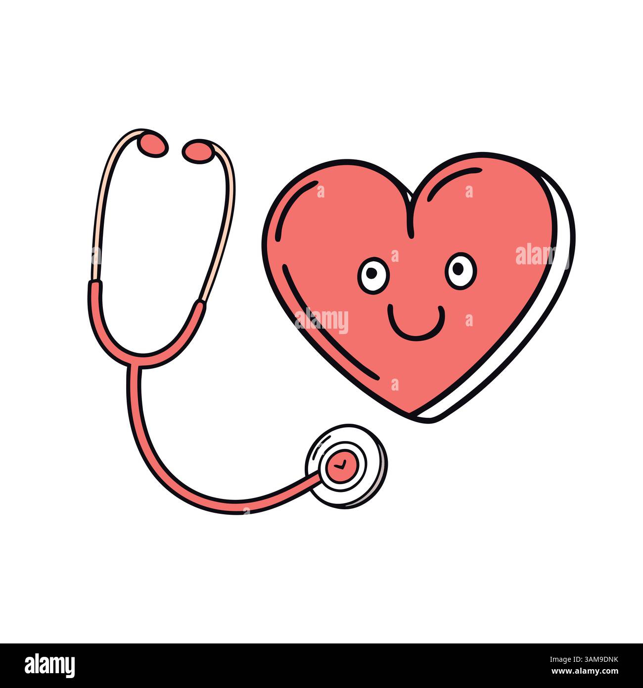 Cuore felice con illustrazioni di cartoni animati con stetoscopio Illustrazione Vettoriale