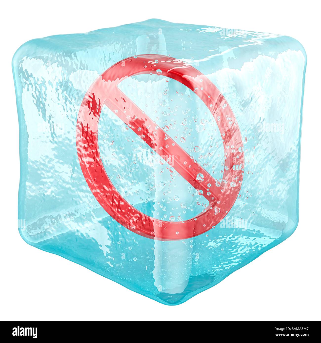 Simbolo di divieto nel cubetto di ghiaccio. Congelato proibito, concetto. Rendering 3D isolato su sfondo bianco Foto Stock