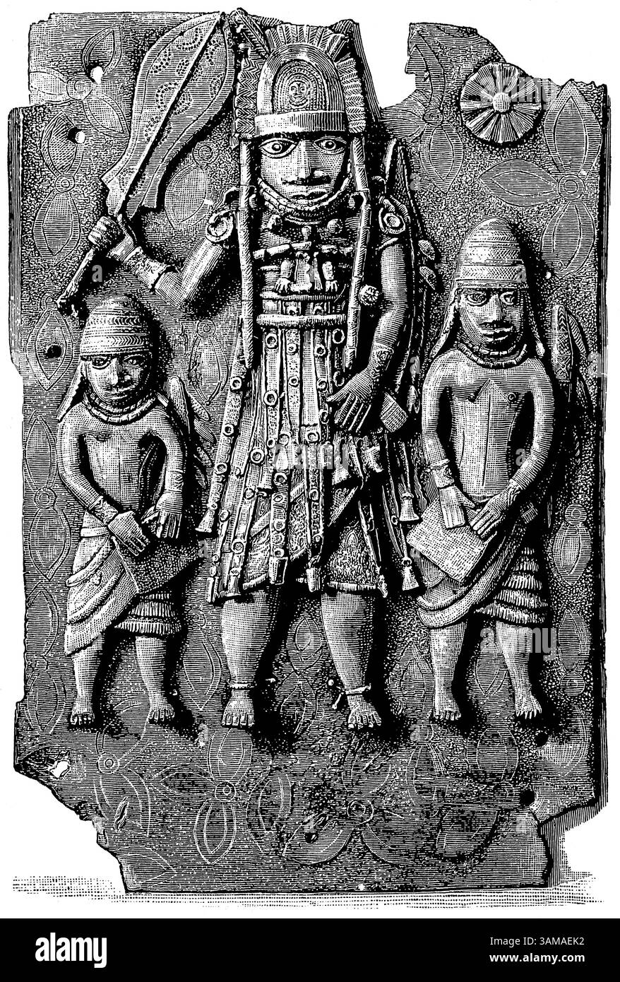 Piatto di bronzo del Benin. Cultura africana e antichità. Pubblicazione della "Meyers encyclopedia", Vol. 7, Lipsia, Germania, 1910. Foto Stock