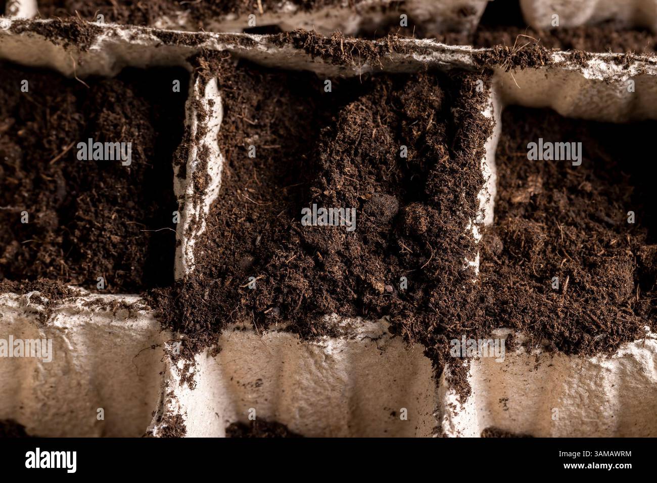 pentole di carta e torba con terreno fertile, preparazione delle tazze per le piantine e riempimento di terreno prima della stagione di semina da vicino, vista dall'alto Foto Stock