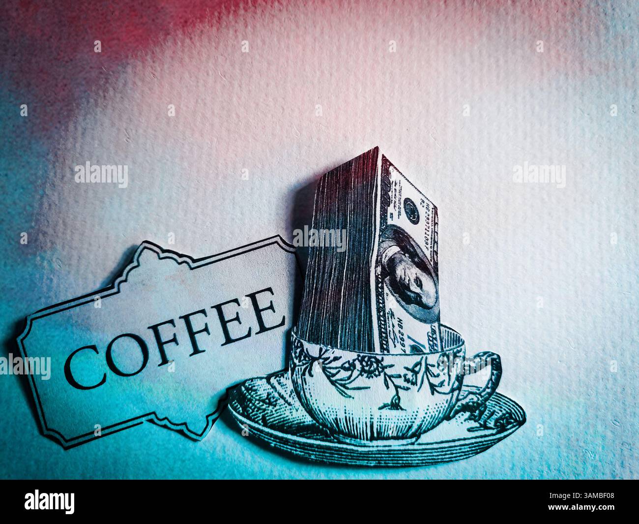 Collage concettuale che simboleggia i prezzi elevati del caffè Foto Stock