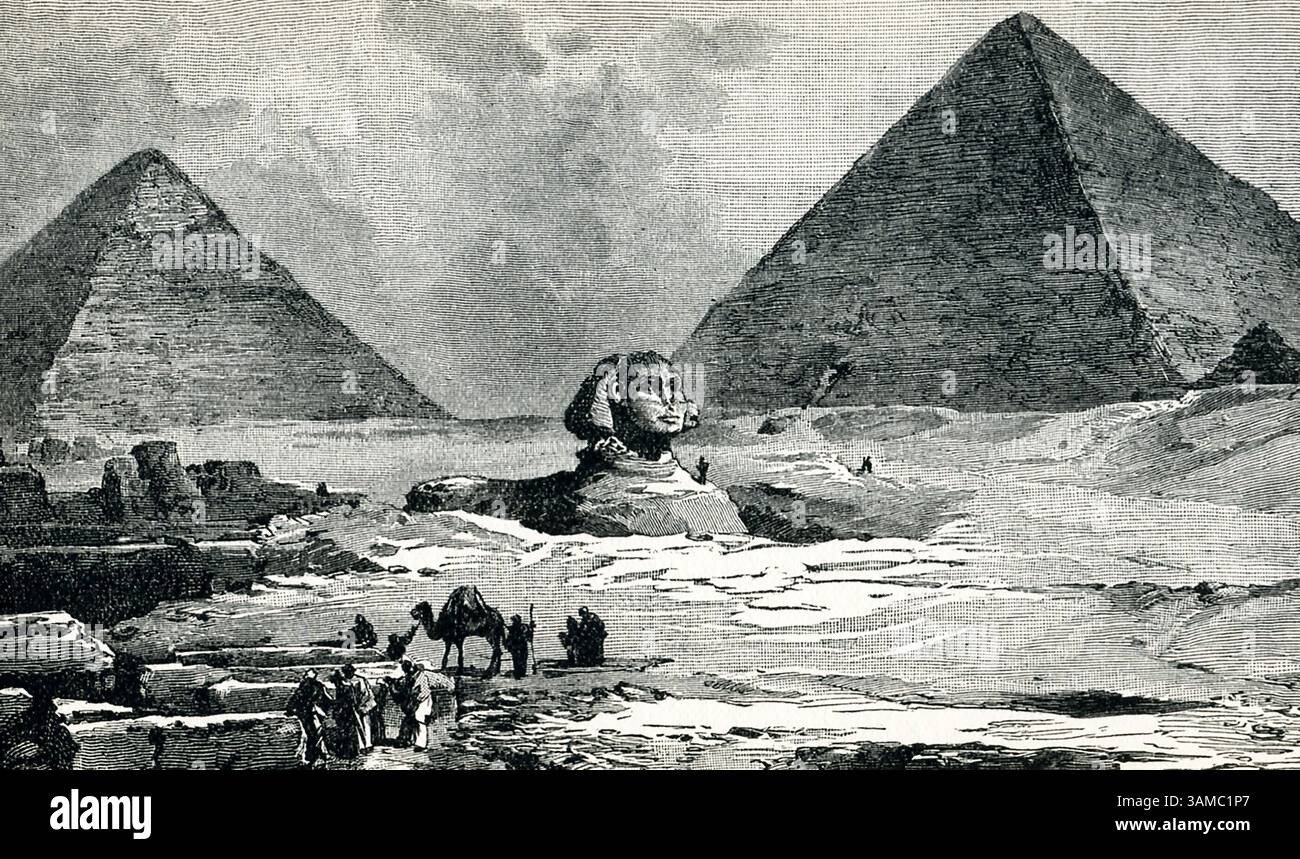 Questa illustrazione della metà degli anni '1800 mostra la grande Piramide di Giza nel basso Egitto. Questa piramide fu costruita da Khufu (Cheops) insieme a tre piramidi più piccole per la sua famiglia. Ai piedi della strada rialzata che porta fuori dalla piramide di Khafre si trova la grande Sfinge. Foto Stock