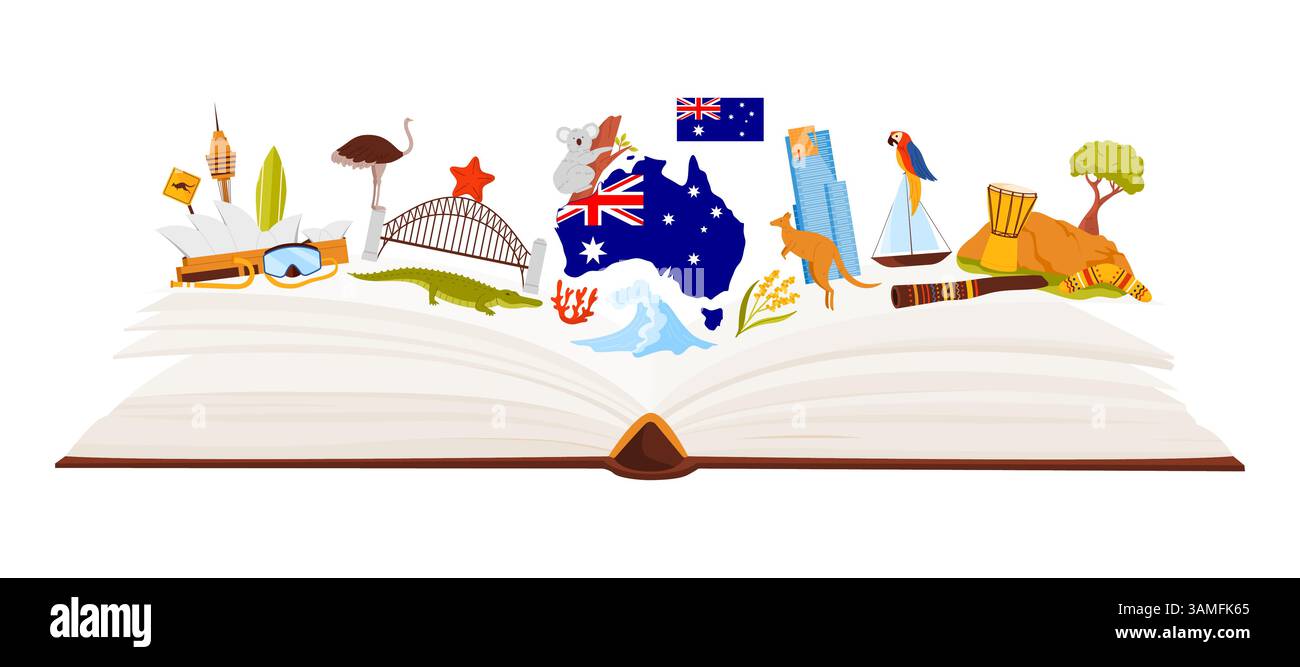 Cultura e architettura australiane, studio linguistico in un contesto infografico di collage. Aprire un grande libro di carta e il teatro dell'opera di Sydney, animali australiani, cartoni animati e illustrazioni vettoriali Illustrazione Vettoriale