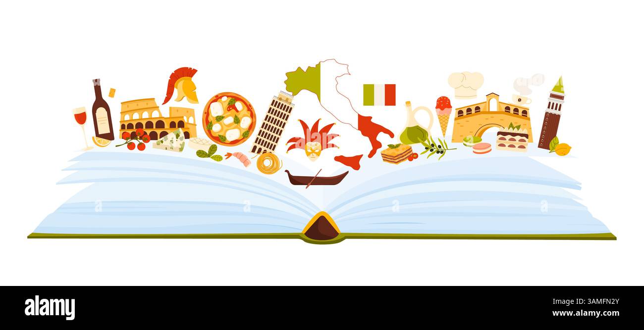 Elementi culturali dell'Italia, cibo e vino famosi chef italiani, punti di riferimento, studio linguistico in collage infografico. Guida cartacea aperta con maschera di carnevale di Venezia, illustrazione vettoriale di cartoni animati pizza Illustrazione Vettoriale
