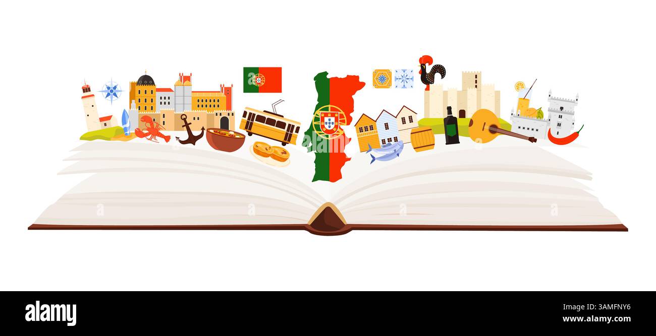 Cultura e cucina del Portogallo, monumenti e studio linguistico portoghesi in collage infografico con guida cartacea e faro, bandiera e mappa, tram di Lisbona e illustrazione vettoriale dei cartoni animati del palazzo Illustrazione Vettoriale