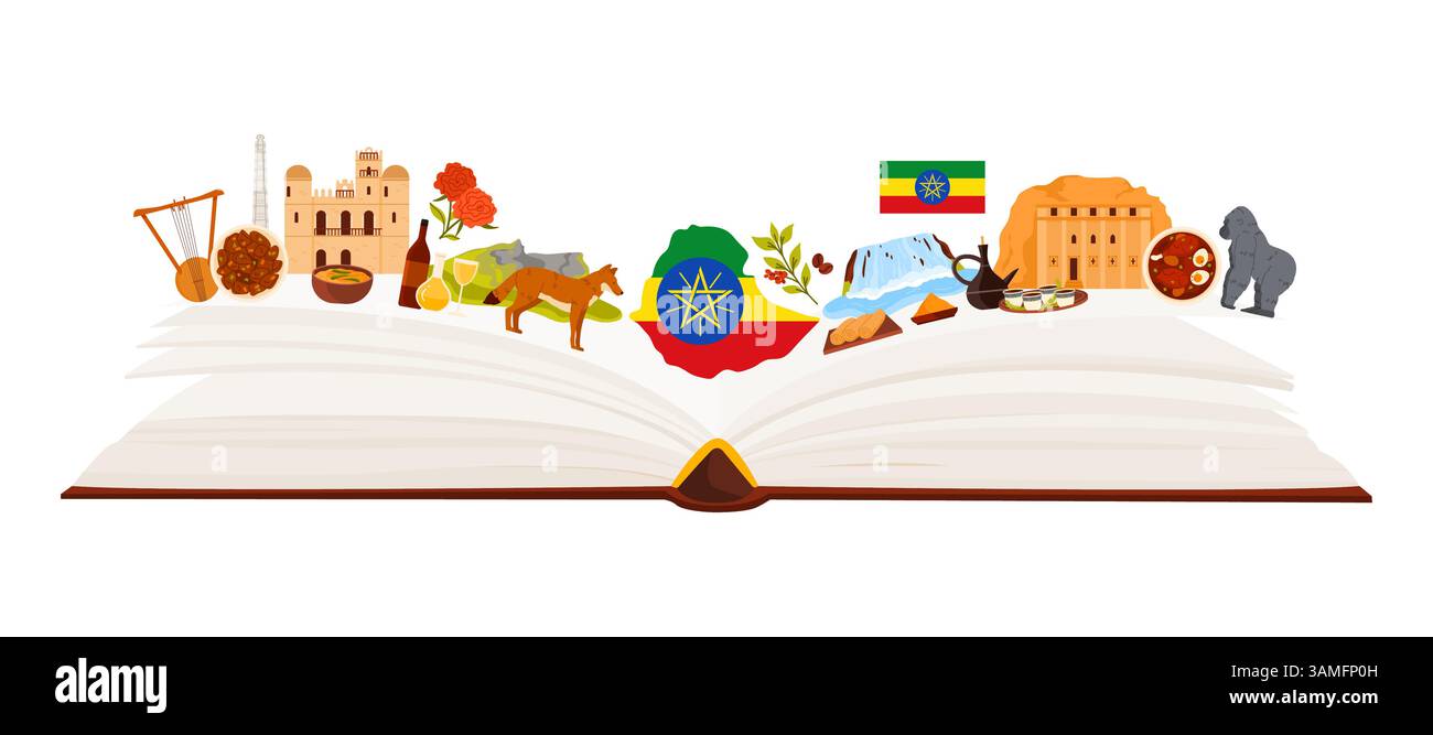 Un libro aperto che mostra la cultura etiope attraverso monumenti, cucina, fauna selvatica e tradizioni. Include la bandiera etiope, la cerimonia del caffè, i siti storici, gli elementi naturali e l'illustrazione vettoriale. Illustrazione Vettoriale