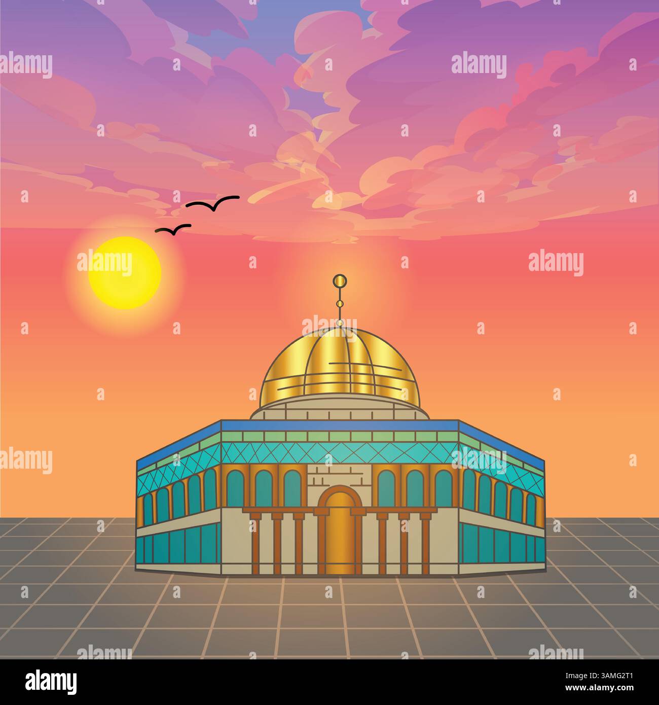 Cupola della roccia nel complesso della moschea al-Aqsa a Gerusalemme, alba e uccelli sullo sfondo, paesaggio Illustrazione Vettoriale