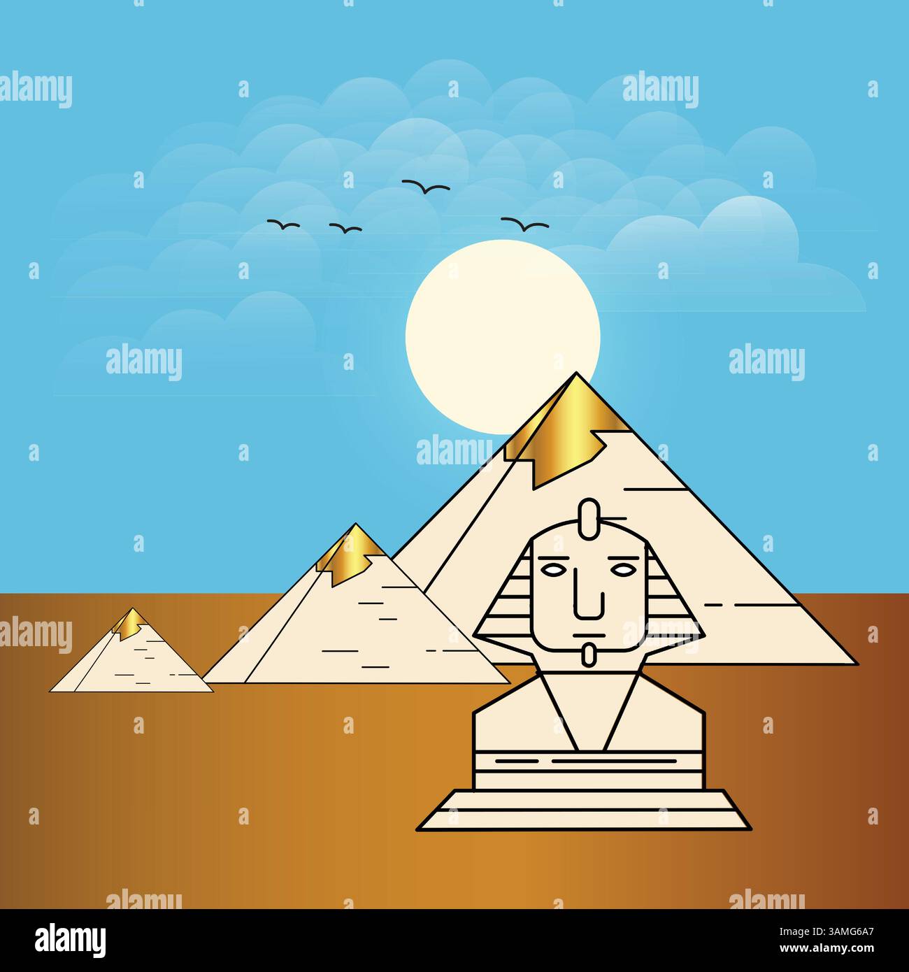 Antiche piramidi egiziane di Giza, cammelli, uccelli al tramonto in nuvole con sfondo blu, illustrazioni artistiche Illustrazione Vettoriale