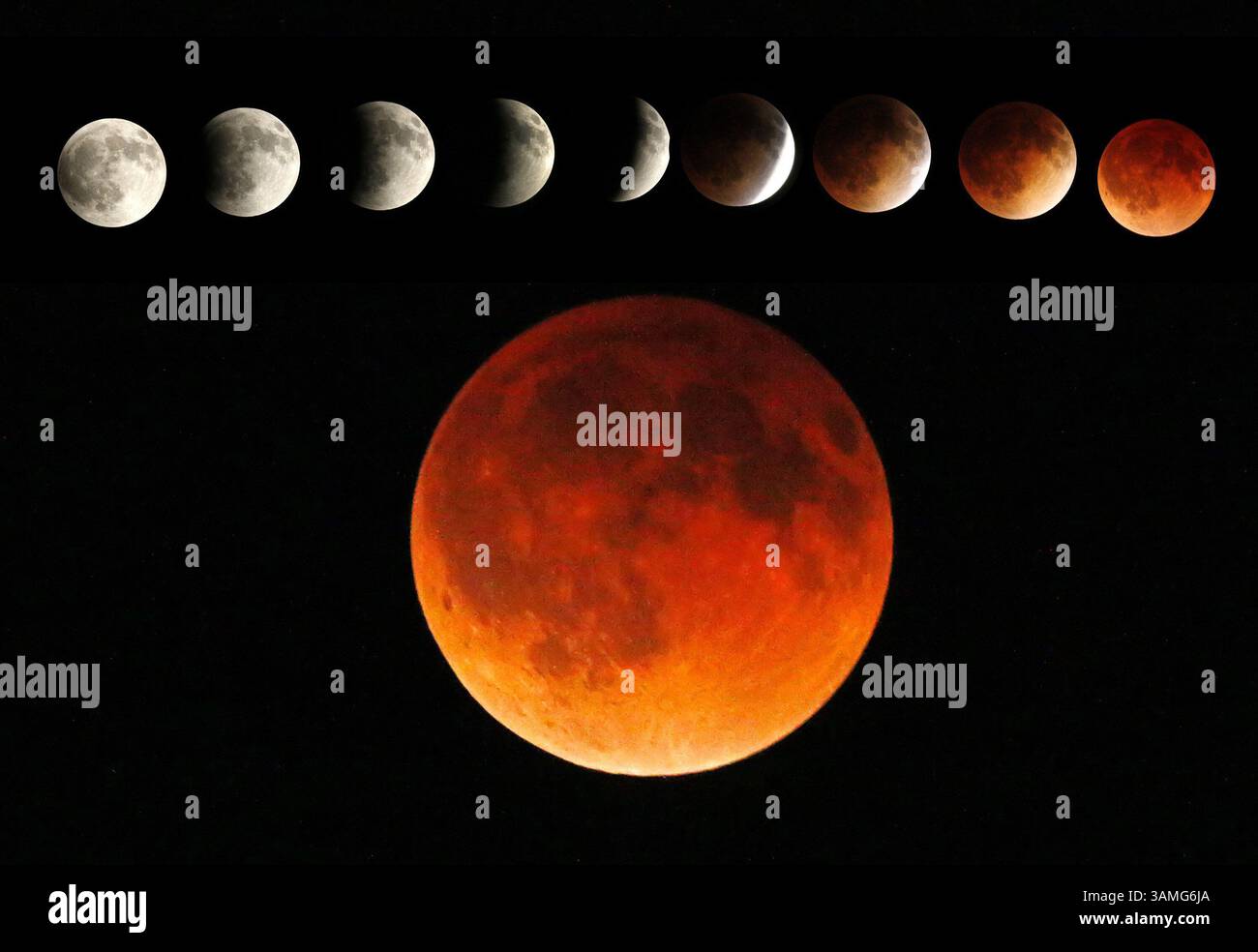 15 aprile 2014 - Canyon, Minnesota, Stati Uniti - Skywatcher in Minnesota e in tutto il paese, hanno avuto una splendida vista di uno degli eventi celesti più unici e colorati della natura - un'eclissi totale della luna. Questa multi-esposizione è stata fatta a partire dalle 01:00 e continuando fino all'eclissi completa della luna alle 2:46. (Immagine di credito: © Brian Mark Peterson/MCT/ZUMAPRESS.com) Foto Stock