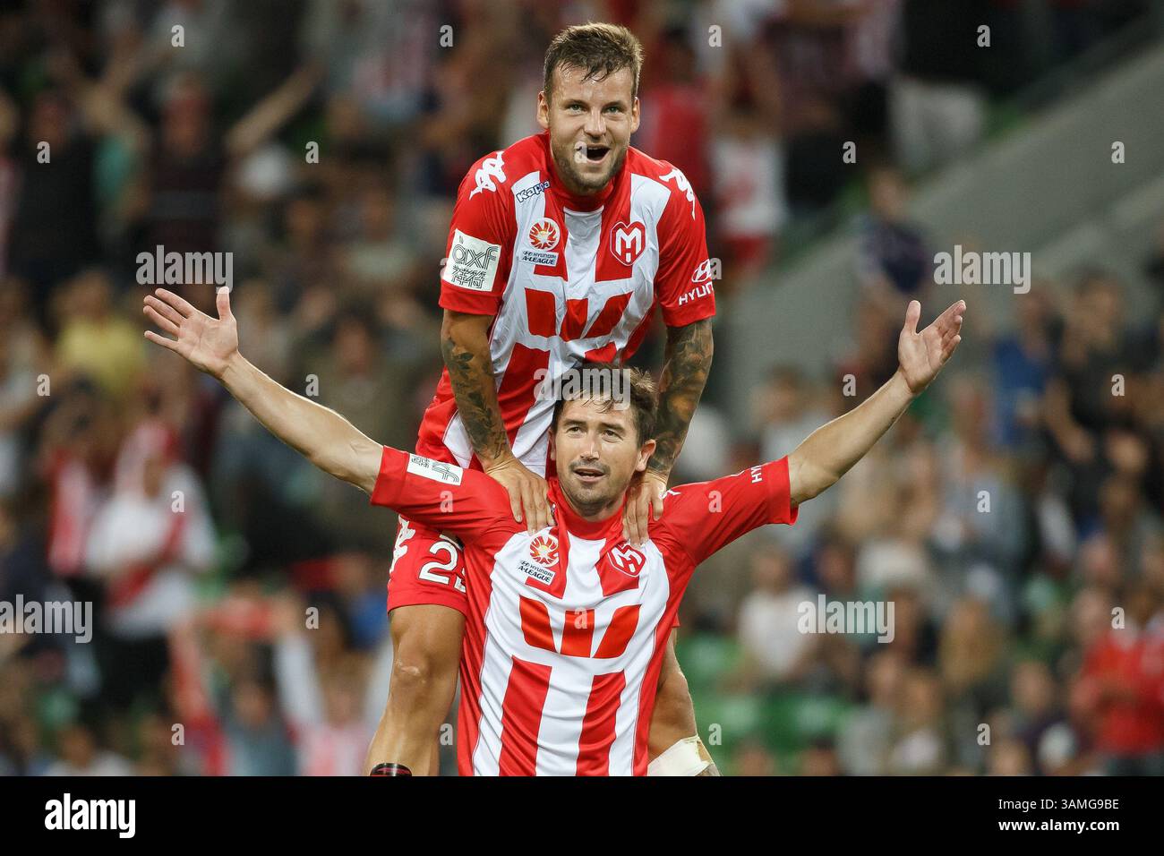 1° marzo 2014 - Melbourne, Victoria, Australia - Harry KEWELL of the Heart celebra il suo gol nel 21° turno tra Melbourne Heart e Melbourne Victory nella stagione australiana Hyundai A-League 2013-24 all'AAMI Park di Melbourne, Australia. (Immagine di credito: © Sydney Low/ZUMAPRESS.com) Foto Stock