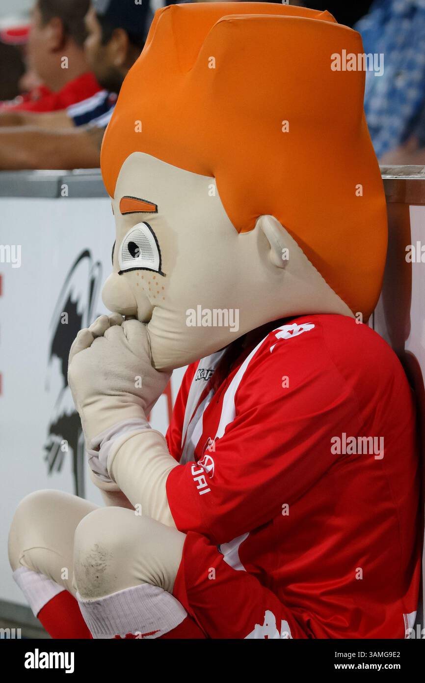 1 marzo 2014 - Melbourne, Victoria, Australia - la mascotte Heart guarda l'azione nel round 21 match tra Melbourne Heart e Melbourne Victory nella stagione australiana Hyundai A-League 2013-24 all'AAMI Park di Melbourne, Australia. (Immagine di credito: © Sydney Low/ZUMAPRESS.com) Foto Stock