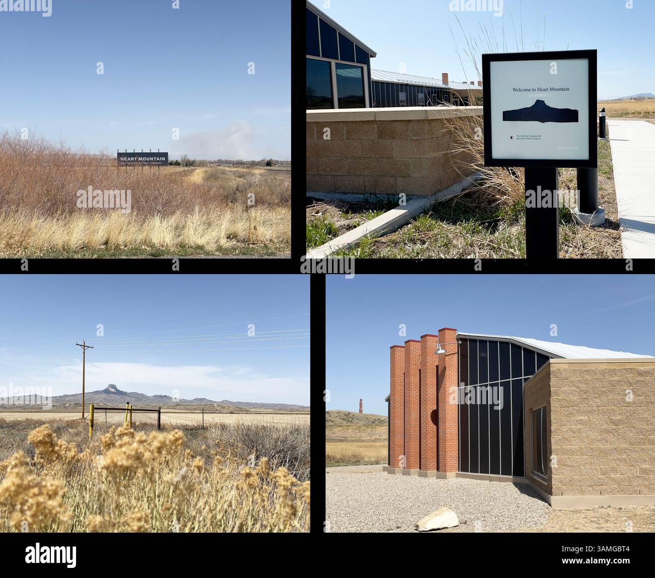 Heart Mountain WWII National Historic Monument è stato un campo giapponese del centro di internamento 1942-1945.Composite mostra i segni, Heart Mountain e l'area museo. Foto Stock
