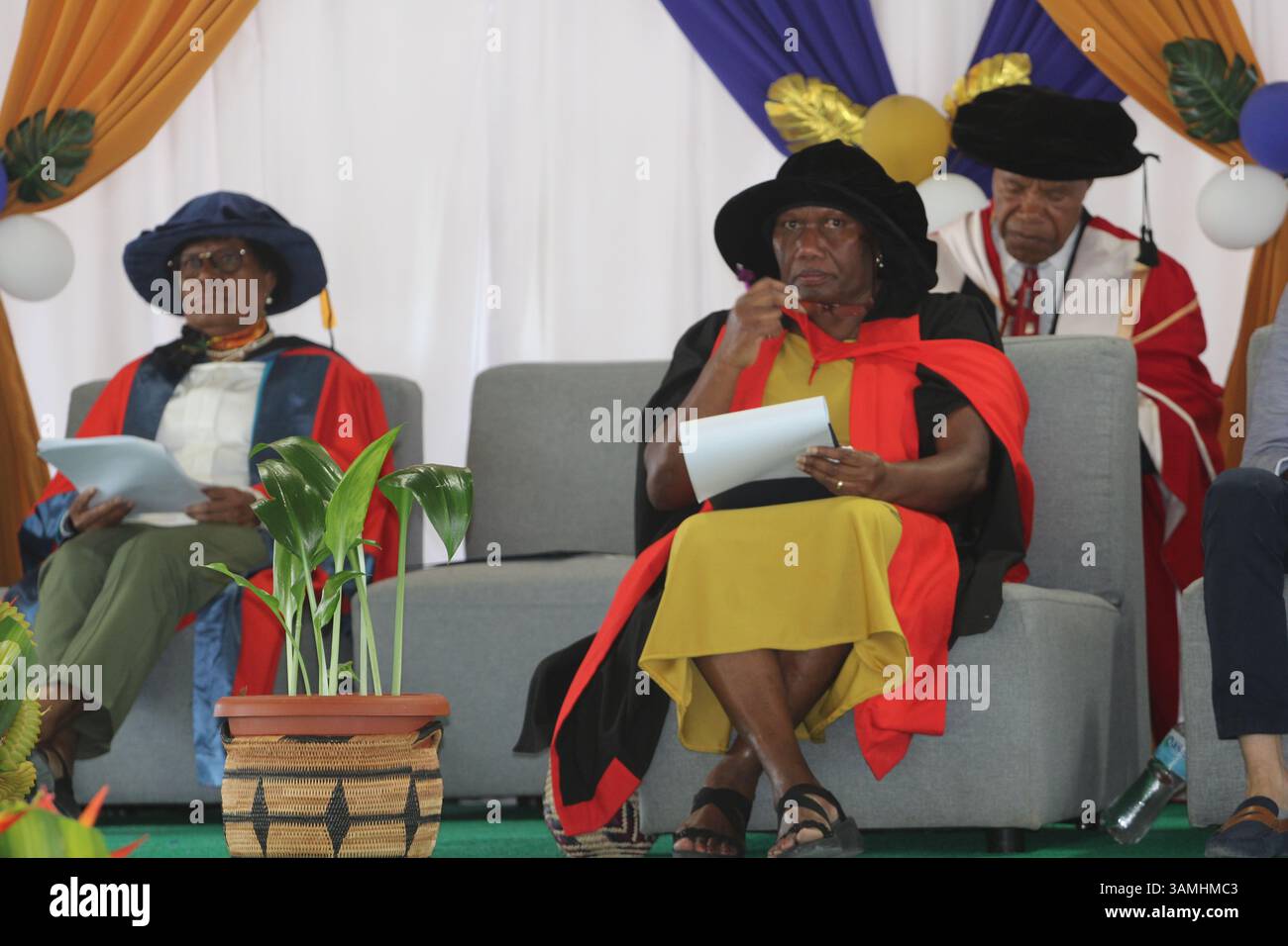 Cerimonia inaugurale della laurea nel Pacifico occidentale in Papua nuova Guinea, che mostra i leader accademici e i docenti in abiti accademici tradizionali Foto Stock