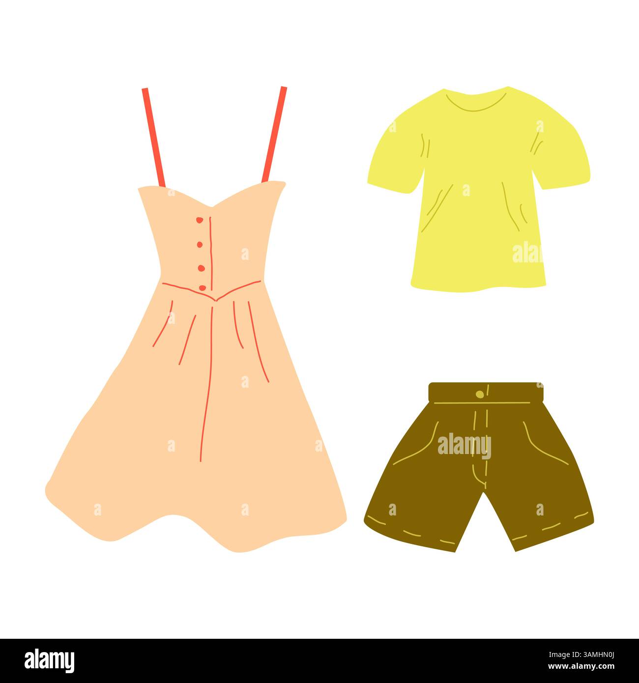 Set di abbigliamento estivo Vector outfit di tendenza per l'estate. Abito con T-shirt corto. Design per banner di vendita poster pagina Web pubblicità di materiali stampati. Illustrazione Vettoriale