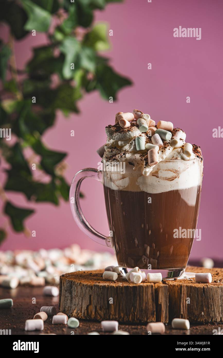 Cioccolata calda con panna montata, cacao in polvere e marshmallow su un asse di legno, sfondo rosa Foto Stock