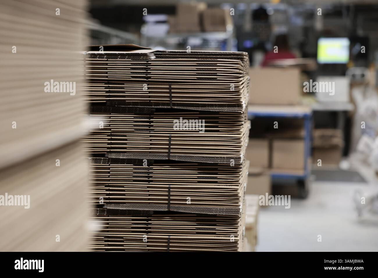 Pile di scatole di cartone, scatole piatte impilate per la spedizione in un centro logistico, Colonia, Renania settentrionale-Vestfalia, Germania, Europa Foto Stock