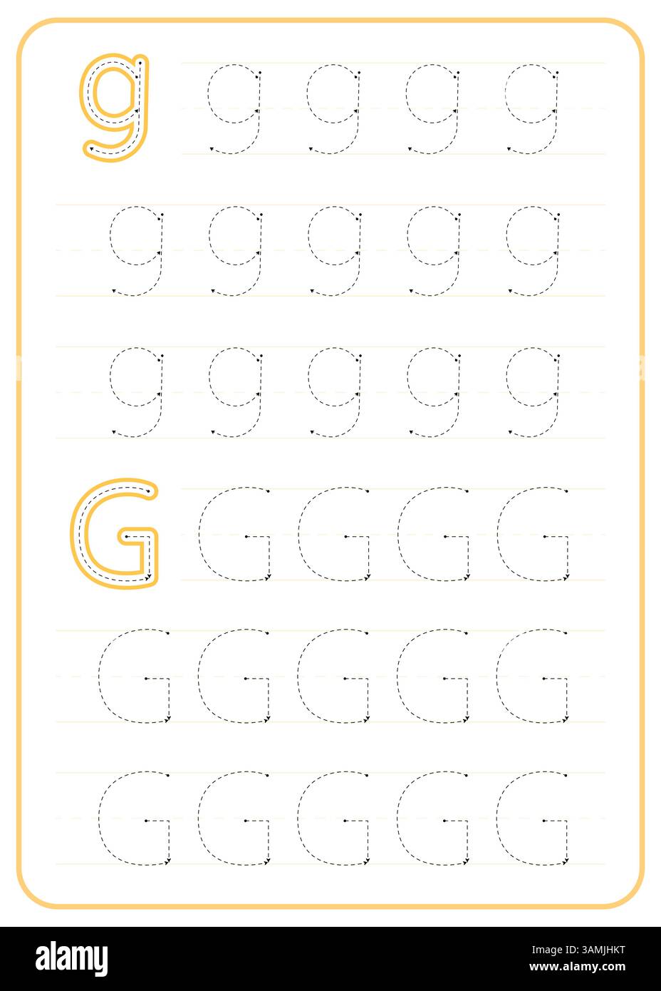 Traccia lettera G. Un foglio di lavoro per la pratica di scrittura dei bambini. Progettazione vettoriale. Illustrazione Vettoriale