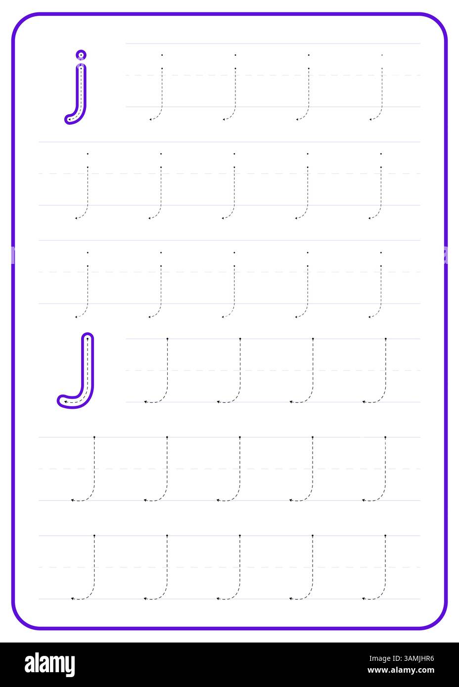 Traccia lettera J. Un foglio di lavoro per la pratica di scrittura dei bambini. Progettazione vettoriale. Illustrazione Vettoriale