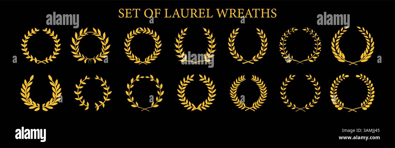 Set vettoriale per ghirlanda di alloro. Collezione di corone Foliate Award per i festival del cinema. Corona d'alloro di icona della vittoria, set d'oro. Illustrazione Vettoriale