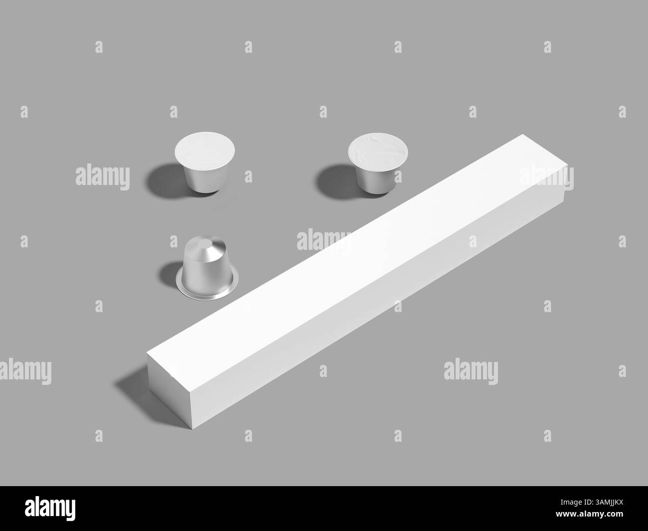 Cialda di caffè bianco e Mockup 3D con rendering su sfondo grigio Foto Stock