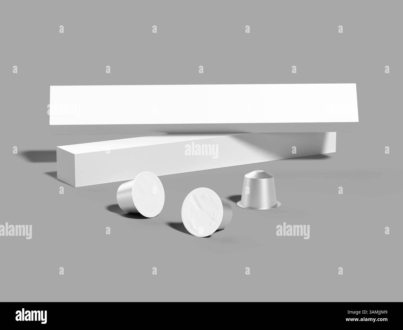Rendering 3D del pod della capsula per caffè bianco su sfondo grigio Foto Stock
