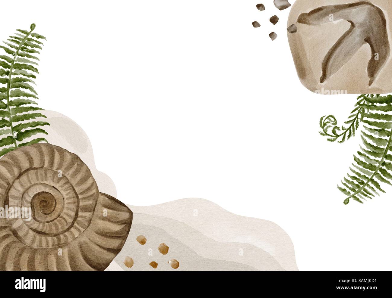 Incorniciate con fossili e conchiglie antiche. Impronta di ammoniaca e dinosauro su pietra o argilla. Felce e ciottoli. Modello e telaio per la decorazione Foto Stock