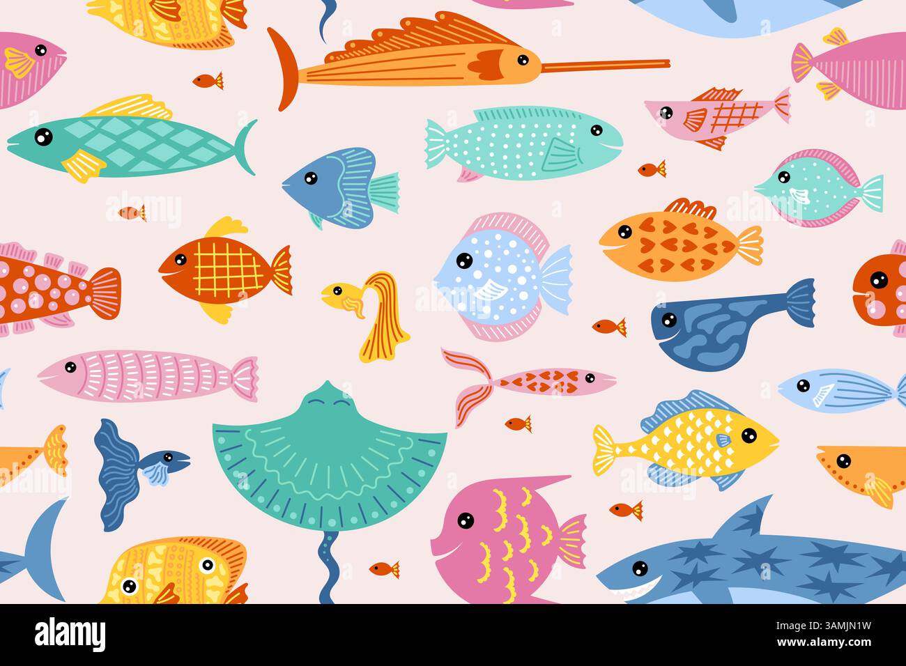 Motivo a pesci. Sfondo carino e infantile divertente, texture marina estiva o design di stampa su tessuto per bambini di animali marini scandinavi. Tessuto decorativo, carta da regalo. Personaggi subacquei. Carta da parati senza cuciture vettoriale Illustrazione Vettoriale