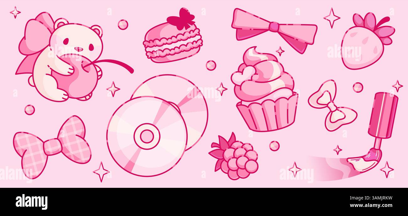 Confezione di adesivi estetici Coquette Y2K - cartoni animati rosa da sogno adorabili orsacchiotto, fragole e lamponi, fiocco per capelli, cupcake e macaroon, smalto brillante per decorazioni kawaii dai colori pastello. Illustrazione Vettoriale