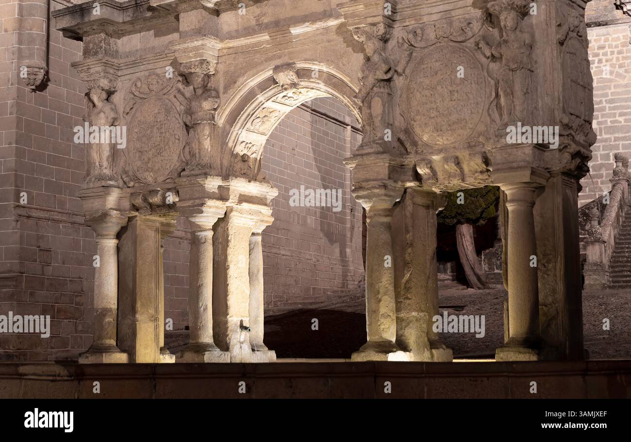 Fonte di Santa Maria a Baeza, Spagna. L'arco è illuminato di notte, creando un senso di mistero e intrigo. La luce illumina i montanti di pietra Foto Stock
